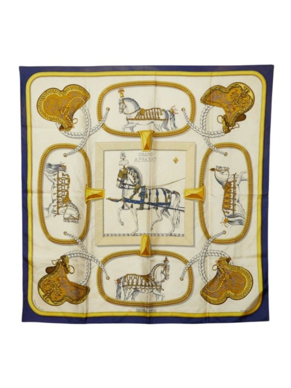 Hermes Carre 90 Grand Apparat Horse in Full Dress Scarf Large Format Navy Ivory
